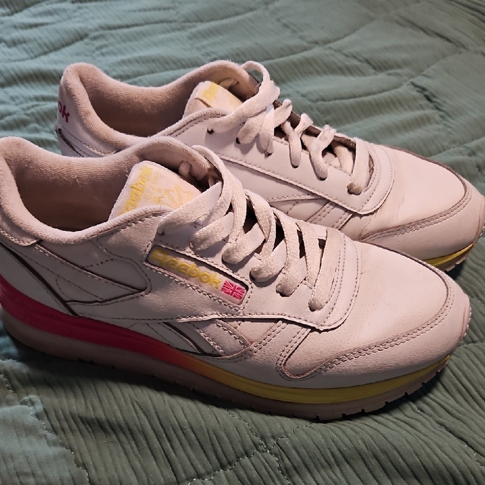 Reebok Women's All Leather Sneakers with Pink and Yellow Highlights
